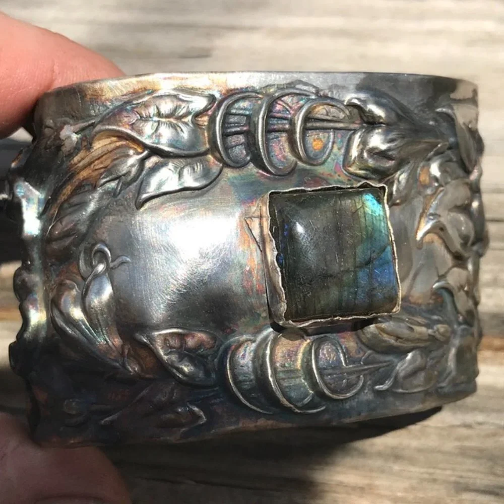 Labradorite Spectralite Sterling Silver 925 Cuff Bracelet Wide Floral Antique